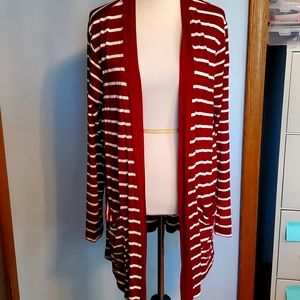 New Zenana 1X Wine Burgundy and White Stripe Open Cardigan with Pockets